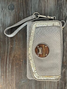Elliott Lucca Gray Suede Wristlet with Wood Logo Plaque
